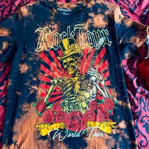 Medium sized graphic tee. Bleached, red, black. Skeleton